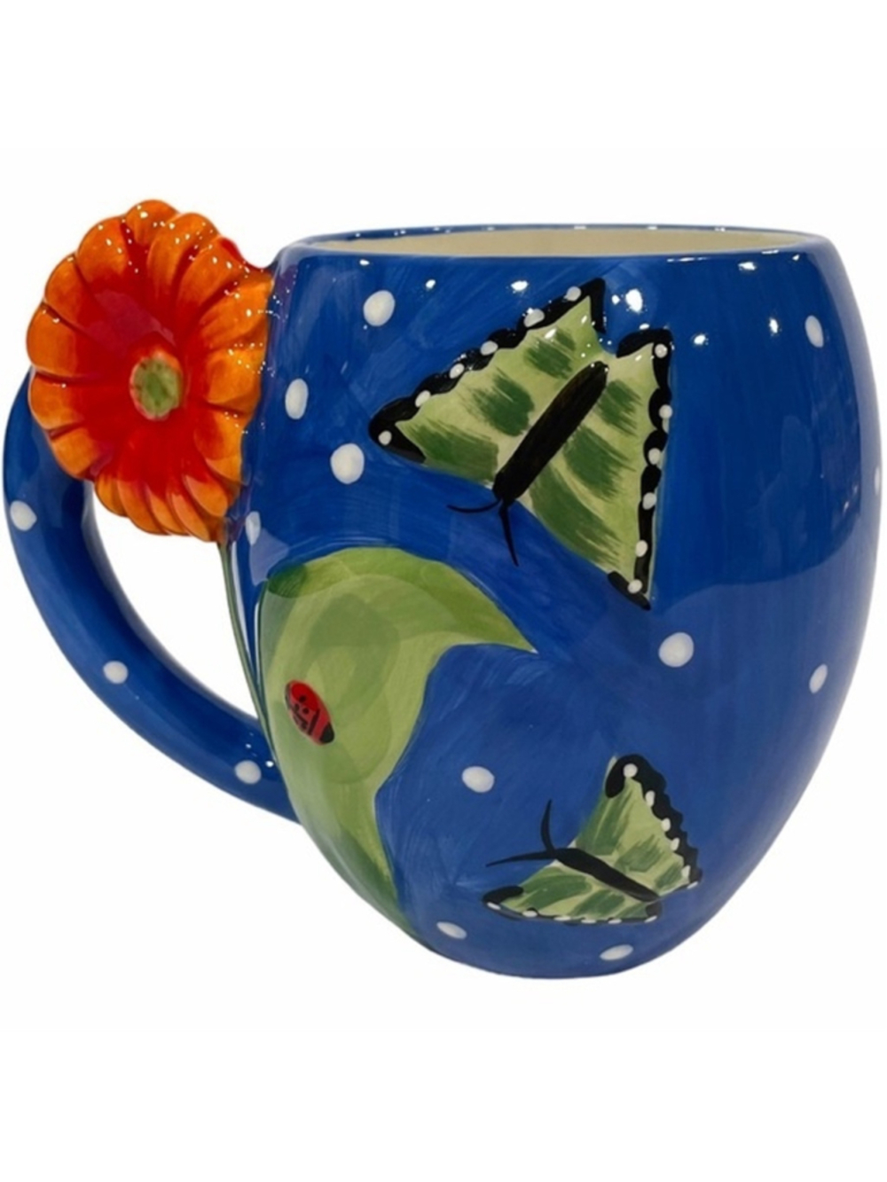 PIER 1 Imports Flower Butterfly Ladybug Mug Cup 3 Dimensional Blue Oversized